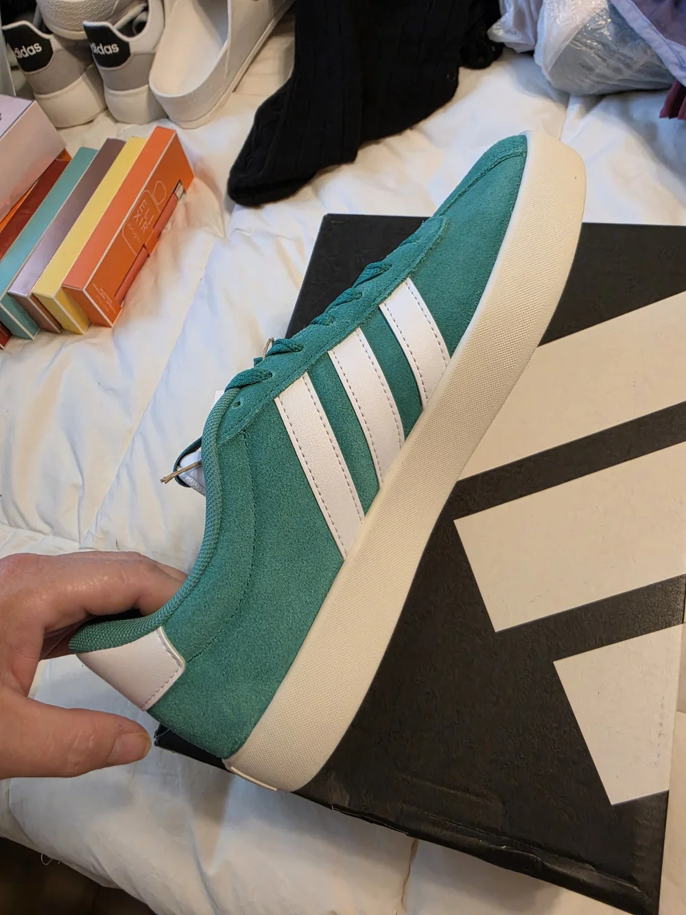 Green Suede Low-Top Sneakers with White Stripes
